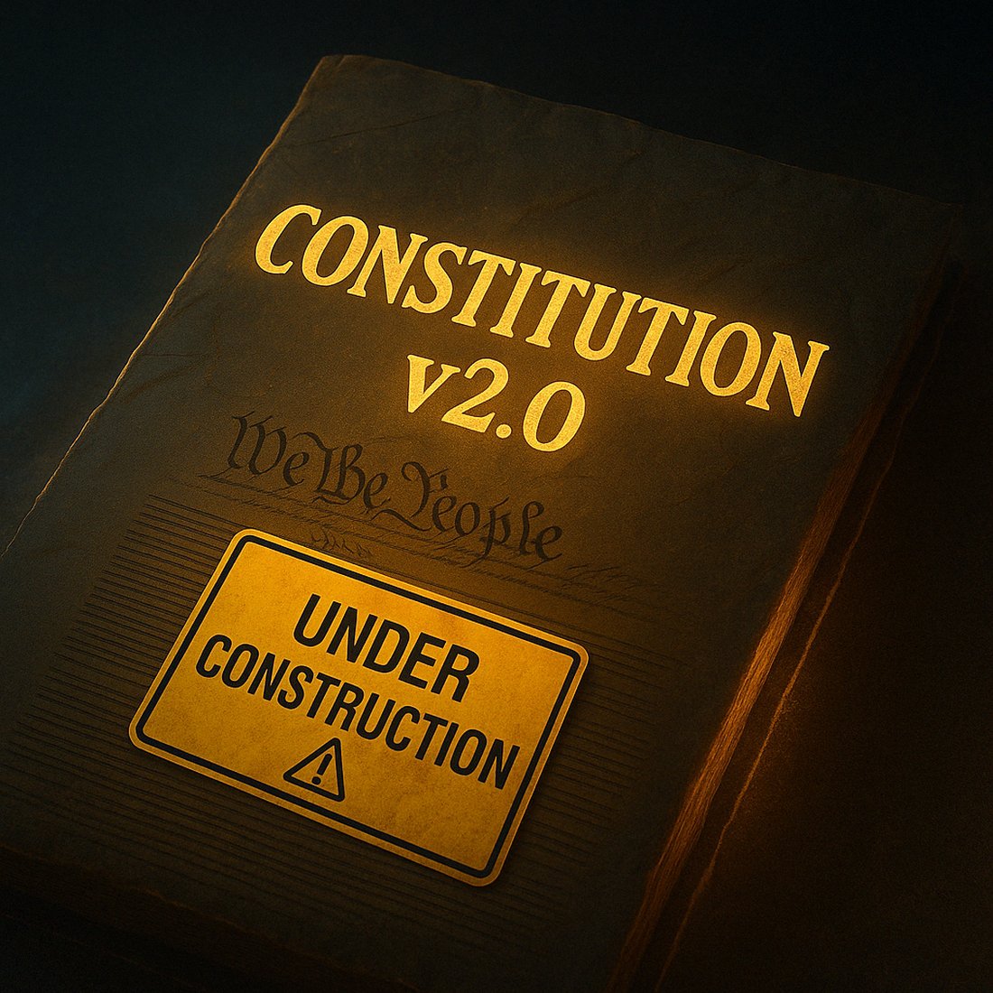A leather-bound book titled Constitution v2.0 with an amber Under Construction sign on the cover