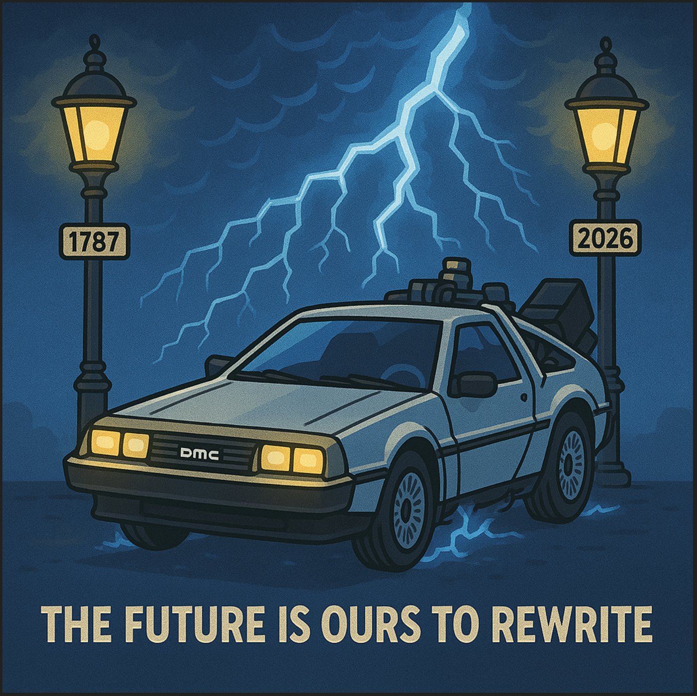 A DeLorean time machine between two lampposts marked 1787 and 2026, with the words The Future Is Ours To Rewrite
